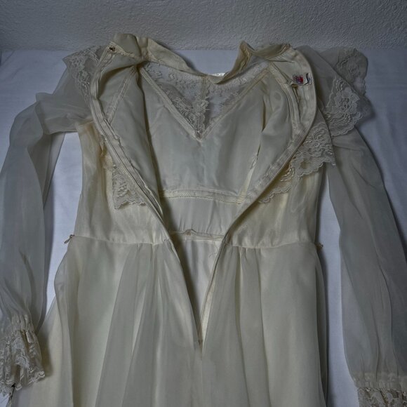 Vintage 70s Chiffon Maxi Wedding Dress Union Made Prom Ivory Lace Hi Neck Small - Picture 10 of 16